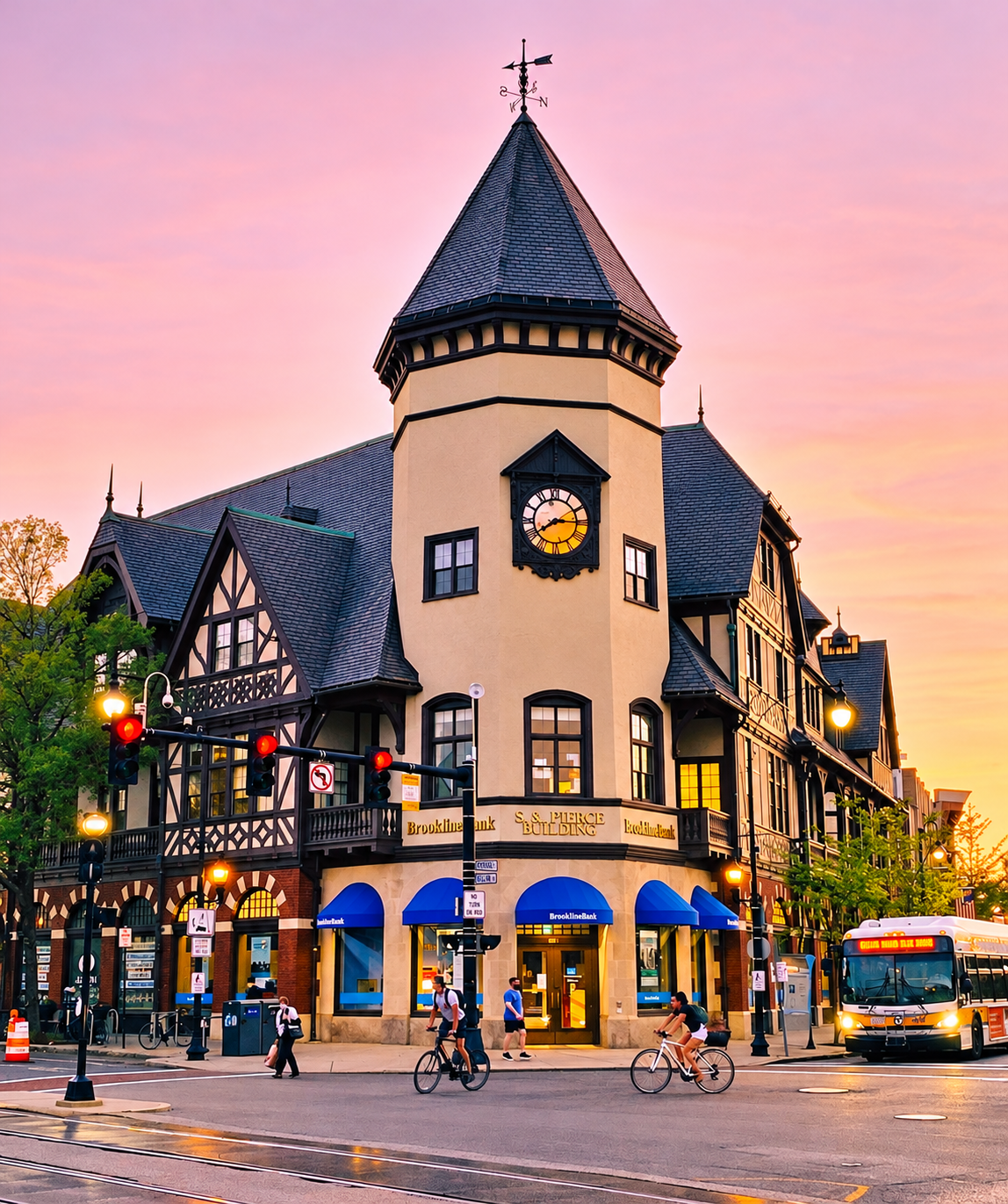 Historic S.S. Pierce Building and clock tower at Coolidge Corner in Brookline, Massachusetts